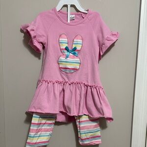 Pink Bunny Dress with Striped Leggings little girls L 4/5 matching set NWOT